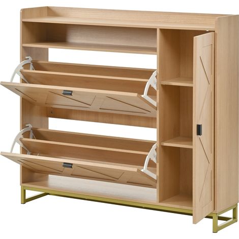 Meuble à chaussures 2 portes à abattant et rangement latéral 110 x 24 x 100 cm MDF naturel (1/5)