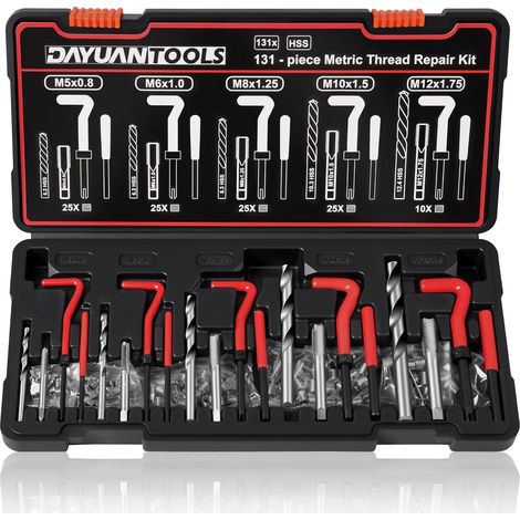 Kit de réparation de filetage Helicoil 131 pièces M5 M6 M8 M10 M12 Outils de réparation de tarauds endommagés pour différents matériaux, assortiment complet de tailles (1/5)