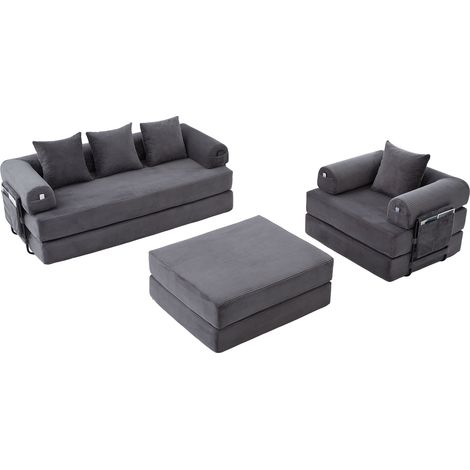 Modulares 4-Sitzer-Sofa aus Cord in Anthrazit mit Hocker, Metallgestell und Kissen (1/5)
