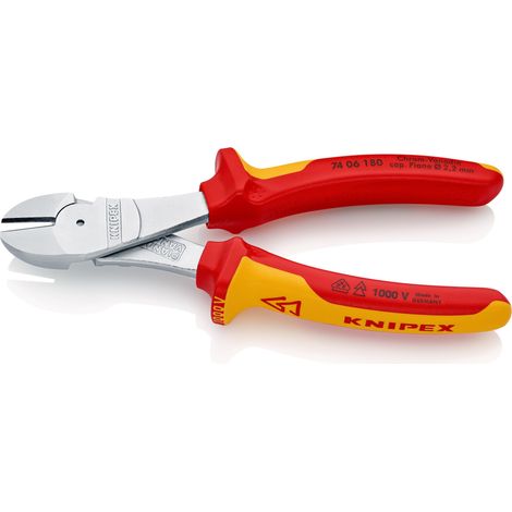 KNIPEX 74 06 180 Tronchese laterale per meccanica tipo "forte" isolati con manici rivestiti in materiale bicomponente, collaudati VDE cromata 180 mm