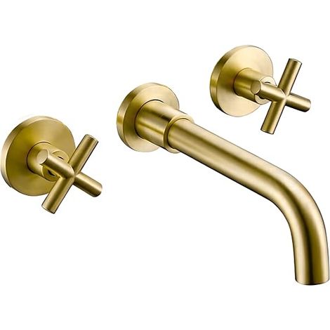 VALAZ Wandarmatur fürs Bad  Zweigriffarmatur für Warm- und Kaltwasser, auslaufsicher, schnelle und einfache Montage  Messing, Edelstahl, elegant, gebürstetes Gold, rund, 21 cm Auslauf, Nalon-Serie (1/2)