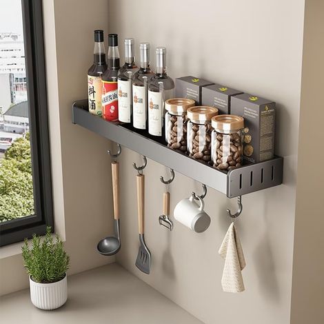 Étagère à épices murale sans perçage avec crochets, adaptée à la salle de bain et à la cuisine, gris pistolet, simple couche - 30 cm, 4 crochets (1/5)