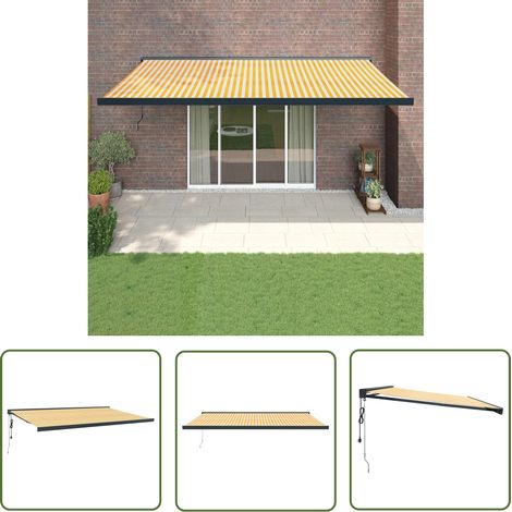 The Living Store Auvent rétractable jaune et blanc 5x3 m tissu et aluminium - Store Véranda - Auvent Extensible - Abri Solaire - Protection UV - Pergola Murale (1/5)
