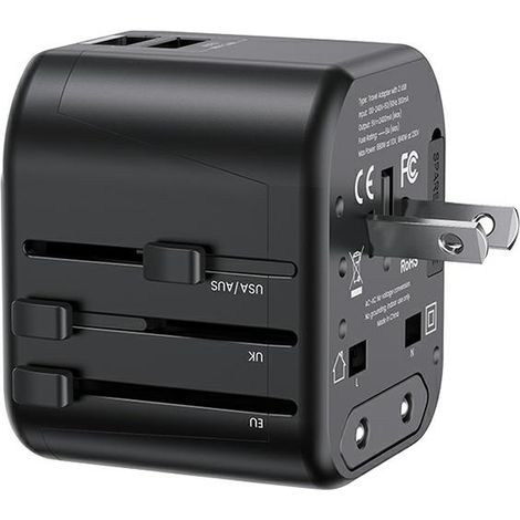 Adaptador de red Usams. 2 puertos USB T55 12W 4 en 1 EE. UU./AU/EU/UK negro/negro CC173TC01 (US-CC173) Cargador de viaje universal (1/5)