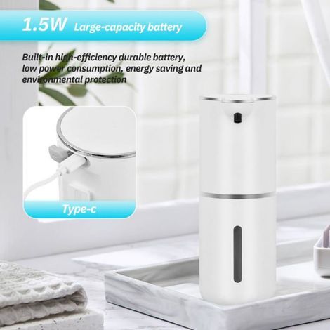 Distributeur savon automatique mural 380ml -1, Capteur mousse 4niveaux sans percer USB IPX5 - Blanc Aucuneary (1/5)