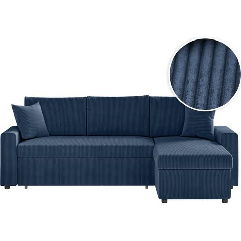 Loungitude – Canapé d'angle convertible 3 places réversible – Velours côtelé bleu foncé – Grand coffre de rangement – Confort optimal pour invités (1/5)