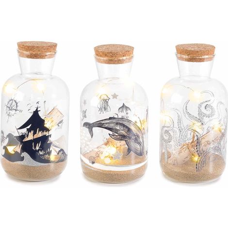 Bocaux en verre décoré avec détails pailletés, LED et sable intérieur, lot de 3, diam. 8 cm x H. 15 cm