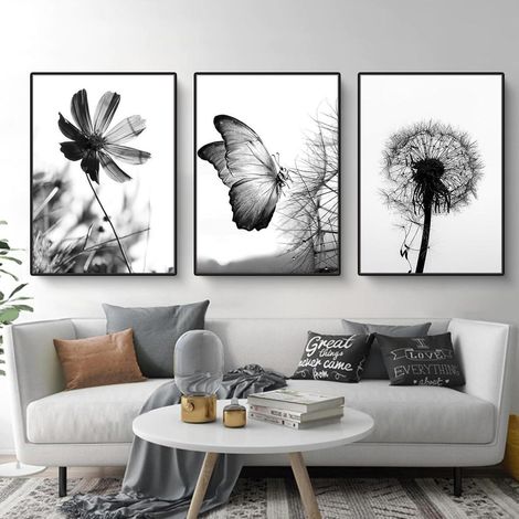 Poster 3er Schmetterling Löwenzahn Schwarzweiß Wanddeko G 50x70cm (1/5)