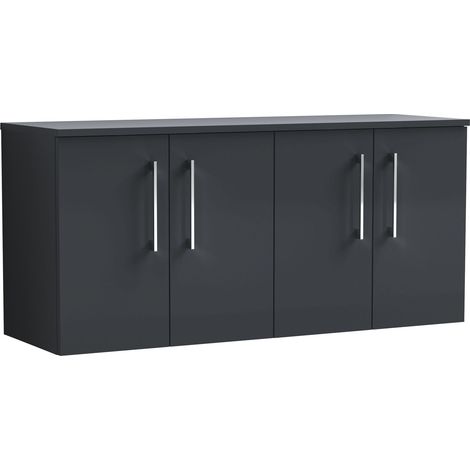 Balterley Bramshall Modern Bathroom 1200mm Wall Hung 4-Door Vanity Unit with Laminate Worktop, Soft Close Doors, Dark Grey