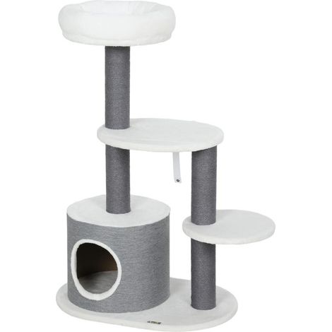 Arbre à chat avec 1 niche, 1 panier, 2 plateformes, poteaux en corde de jute, blanc et gris Ce produit est fabriqué avec (1/5)