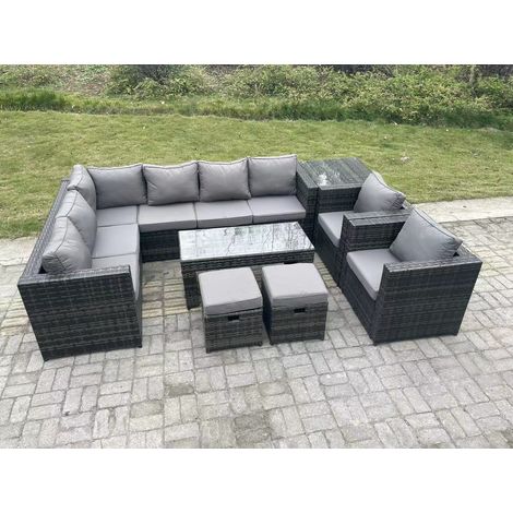 Fimous 10 Seater Rattan Corner Sofa Lounge Sofa Set With Rectangular Coffee Table Side Table 2 Arm Chair and 2 Stools Dark Grey Mixed (1/5)