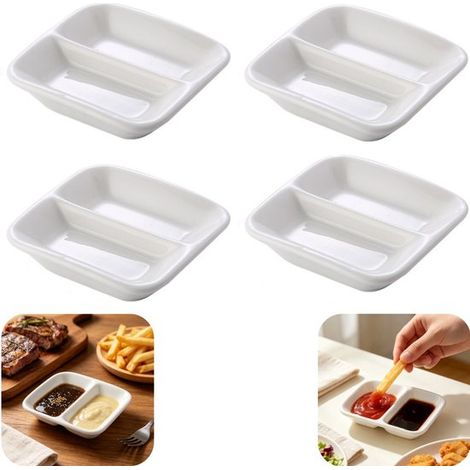 Ramequins en céramique lot de 4 de 8 x 2 cm - coupelles à sauces et dips à compartiments, blanches