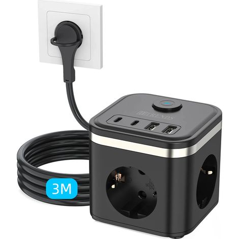 (3M Noir) Prise de charge de bureau multifonctionnelle 7 en 1, 3 chargeurs secteur + 4 chargeurs USB rapides (1/5)