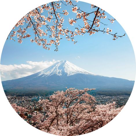 Papier peint panoramique japonais Mont Fuji | Tapisserie panoramique ronde montage & fleur de cerisier | Papier peint panoramique paysage  - 140 x 140 cm (3 pièces) (1/2)