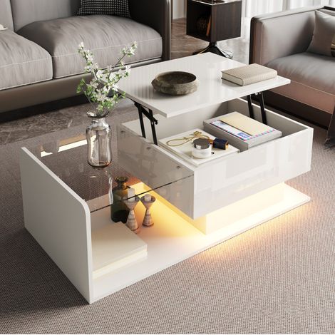 Tavolino da caffè bianco lucido con piano in vetro temperato, alzabile, LED e vano contenitore 100 cm (1/5)