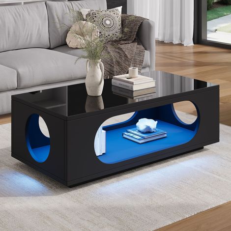 Table basse LED 100x50x35 cm avec rangement et contrôle par application, table d’appoint ajourée finition brillante, MDF, noir (1/5)