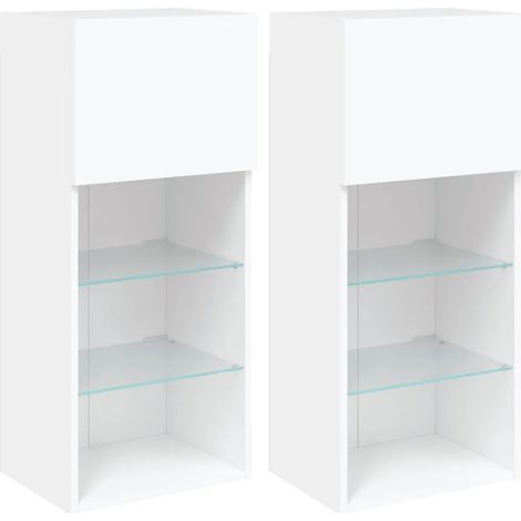 Lot de 2 meubles TV muraux design tendance avec lumières LED 40,5 x 30 x 90 cm en bois d'ingénierie blanc (1/5)
