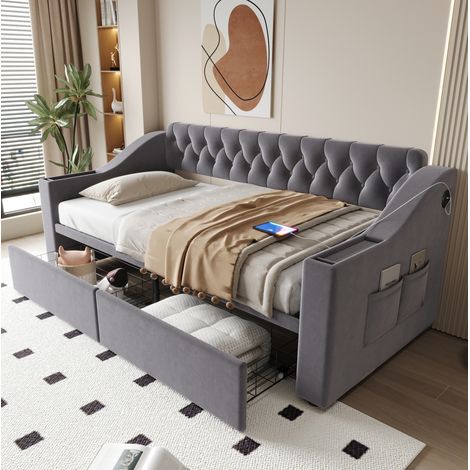 Schlafsofa Samtstoff Dunkelgrau 90x190 cm mit USB-C, Stauraumschubladen und integrierten Armlehnenfächern (1/5)