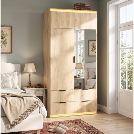 Armadio guardaroba 90x47x200 cm, 2 ante con specchio e LED, 4 cassetti, MDF rovere (1/5)