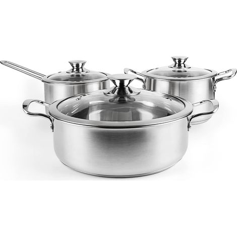 Batterie de Cuisine en Acier Inoxydable à 3 Couches, 6 Pièces, Casserole et Marmite avec Couvercle en Verre, Casseroles Adapté à la Tous Feux Dont Induction, Lavable au lave-vaisselle (Argent) (1/5)