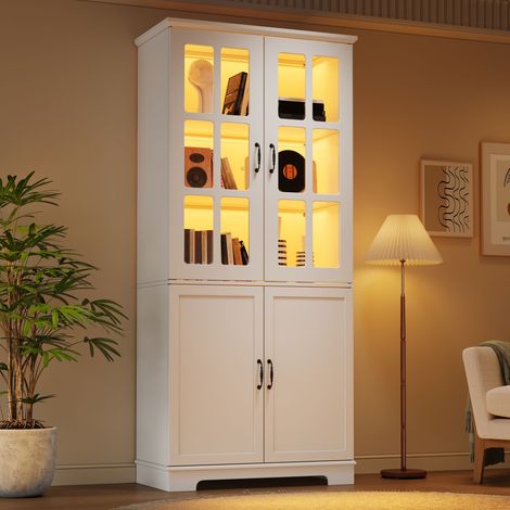 Armoire haute blanche 80x38x180 cm, 2 étagères verre 2 portes, bibliothèque 5 niveaux salon cuisine