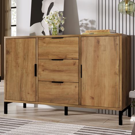 Modernluxe – Commode enfant 2 portes – 3 tiroirs – étagères réglables en hauteur – bois de chêne – design industriel