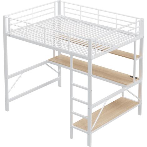 Letto a soppalco 140 x 200 cm in metallo bianco con scrivania, ripiani, LED, USB e scala (1/5)