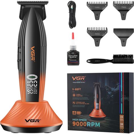 889T Tondeuse Barbe et Cheveux Hommes Professionnelle, de Finition Sans Fil Avec Station Charge, Trimmer Homme Fonction Turbo, Écran LED Recharge USB, Orange 889t - (1/5)