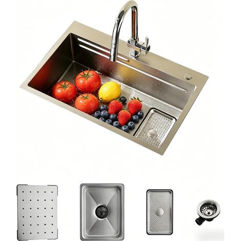 Evier Cuisine 1 Bac Argenté 70 × 45 cm,Evier Inox 1 Bac,2 Trous Pour Robinets,Ensemble Comprenant Une CréPine,Un Bac De DéCongéLation,Un Panier De Vidange Et Un Siphon (1/5)