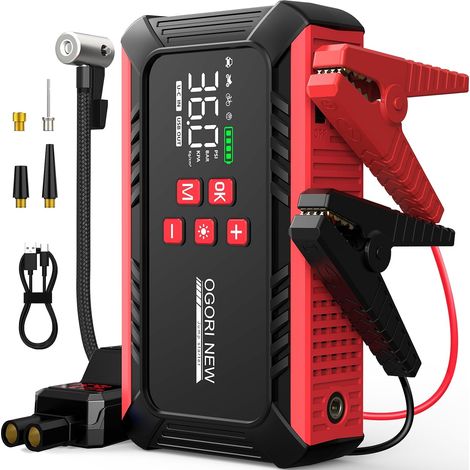 Booster Batterie Voiture 6000A,Demarreur Batterie Voiture,12V Démarreur de Voiture(8.0L Diesel/10.0L Gaz),Jump Starter Portable avec Compresseur Voiture, lumière LED,Pince Intelligente avec Écran (1/5)