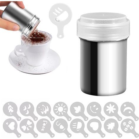 1 spargipolvere in acciaio inox con 16 stencil per caffè, spargizucchero, farina, cioccolato per spezie, cacao, cappuccino