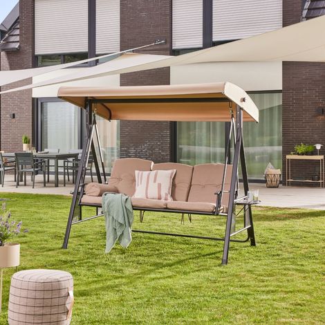 HOME DELUXE - Hollywoodschaukel DESCANSO Beige - 3-Sitzer, B/H/L 115cm x 195cm x 198cm, inkl. Getränkehalter, Sitz- und Rückenkissen I Gartenliege Gartenlounge Schaukelliege Gartenschaukel Schaukelba (1/5)