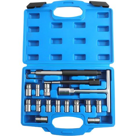 Kit d'outils de 17 pièces pour la réfection des sièges d'injecteurs diesel, comprenant un kit de nettoyage et d'usinage pour sièges d'injecteurs de 17 et 19 mm (bleu). (1/5)