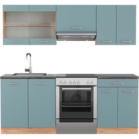 Cucina componibile R-Line, Rovere blu-grigio/oro, 200 cm , PL Antracite, Vicco