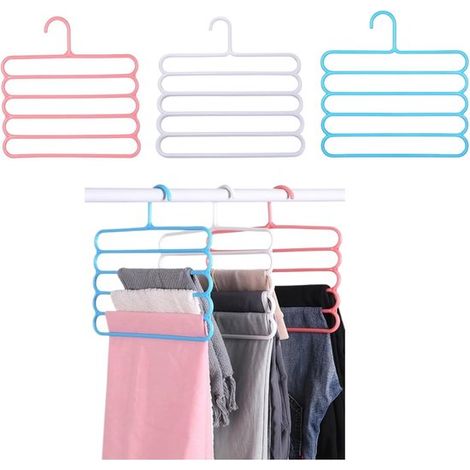 Appendiabiti multistrato, appendiabiti a cinque livelli per pantaloni, appendiabiti per pantaloni da armadio, confezione da 6, blu, rosa e bianco, 29290,5 cm, plastica, porta sciarpe (1/5)