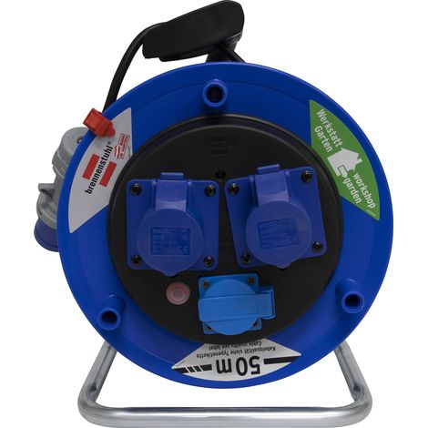 Rallonge électrique 50 mètres avec enrouleur de câble  fiche CEE 3 pôles, 230 V/16 A  1 prise Schuko et 2 prises CEE 3 pôles 230 V/16 A auto-verrouillables  Série (1/4)