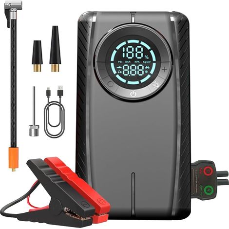 Démarreur Voiture 800A, Batterie Externe 12000mAh avec Compresseur 10BAR, Gonfleur 4 Modes, Power Bank Type-C, Lampe SOS – pour Essence 6.0L & Diesel 3.0L (1/5)