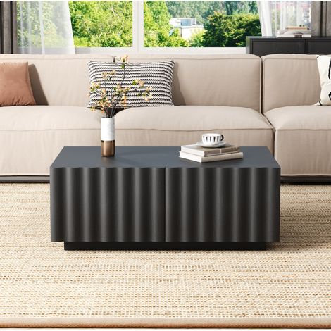 Table basse 100x50x40 cm noire en MDF et panneau de particules avec rangement et motif ondulé (1/5)