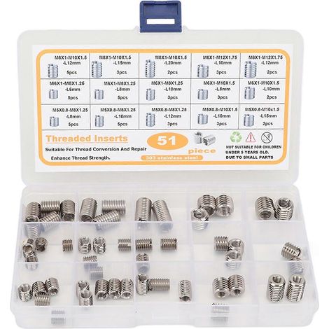 Assortiment de 51 inserts de réparation de filetage M5 à M8 en acier inoxydable avec (1/4)