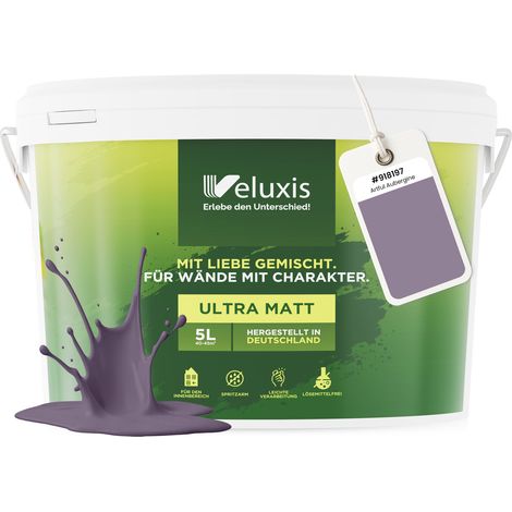 Wandfarbe Lila Grau Hellgrau Matt Innenfarbe – Deckkraft Klasse 1, VOC-frei, Ohne Grundierung, Tropfarm – Wohnzimmer & Schlafzimmer – 5L – Veluxis (Artful Aubergine)