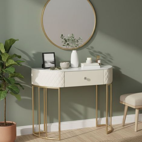 Dmora - Consola Tapajos, Mesa multiusos, Gabinete de soporte, Escritorio de pasillo, 100x40 h75 cm, Blanco y Oro (1/5)