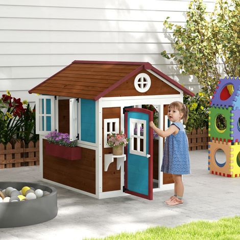 Cabane enfant extérieur maison enfant extérieure avec porte fenêtres et jardinières 114 x 126.4 x 135 cm Marron