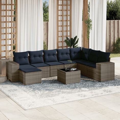 9-teiliges Gartensofa-Set mit Kissen, grau, Polyrattan (1/5)