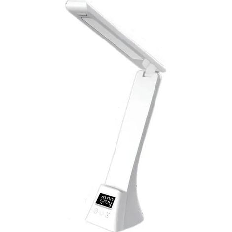 Universelle Schreibtischlampe mit Smartphone-Ladefunktion, integrierter elektronischer Uhr und Wecker.