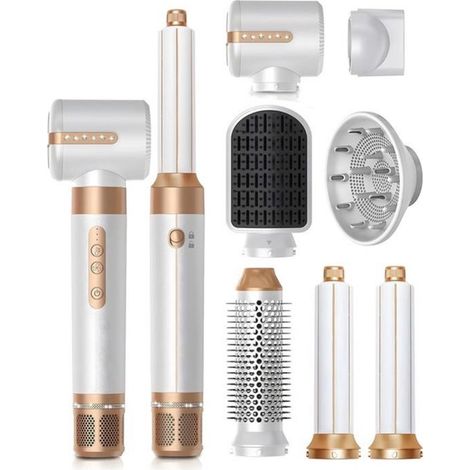 Ensemble de coiffure 7 en 1 avec sèche-cheveux haute vitesse 110 000 tr/min, diffuseur, brosse à air chaud, boucleur, brosse lissante et thermique, 1400 W (1/2)