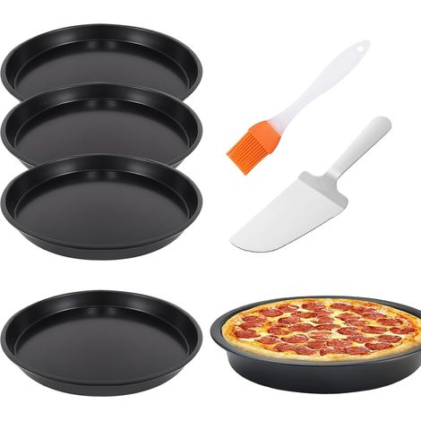 Plats à Pizza et Mini Cocotte Individuelle - Le Jeu de 6 Inclus 4 Plaques à Pizza 8'', 1 Spatule à Gâteau, et 1 Brosse en Silicone - Idéal pour Mini Pizza, Plaque à Tarte, et Plus (1/5)