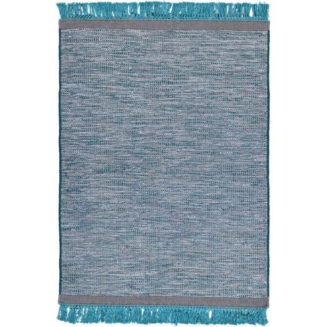 Tapis frangé plat laine coton gris bleu nomade - gris chiné avec accents bleu pétrole (1/4)