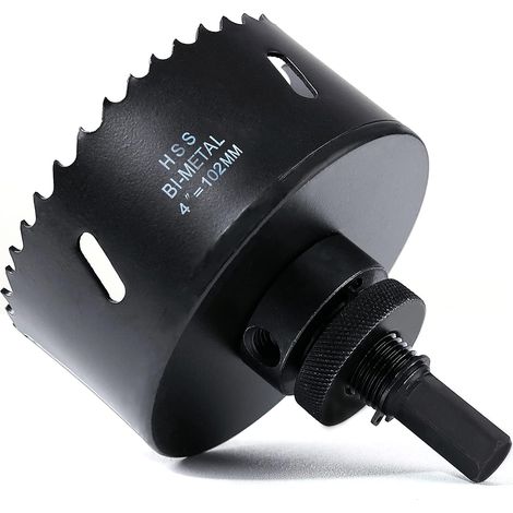 Scie cloche -102 mm - Acier rapide HSS M42 bi-métal - Scie-cloche avec tige hexagonale et foret pour bois, construction sèche et tôle métallique - 1 pièce - Noir (1/5)
