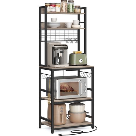 Mensola da cucina con multipresa supporto per microonde ripiano portaoggetti con pannello in rete metallica 14 ganci 40 x 80 x 170 cm marrone 120005672