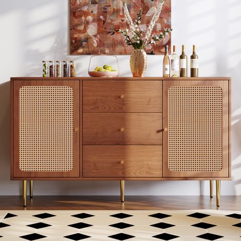 Credenza in legno e metallo noce con 2 ante, 3 cassetti e 2 ripiani regolabili 150x40x90 cm (1/5)